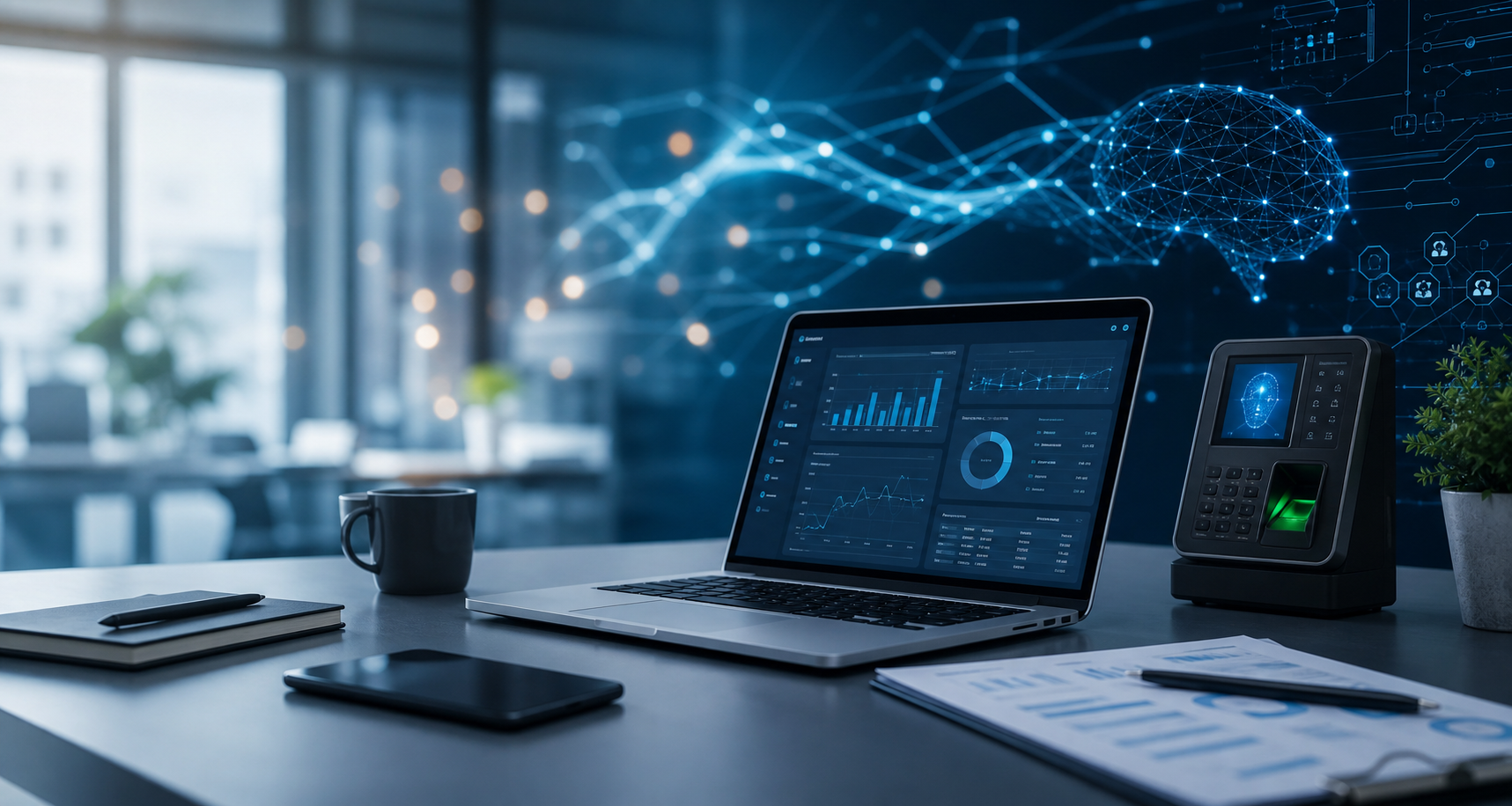 Tecnología empresarial con inteligencia artificial, dashboards y biometría
